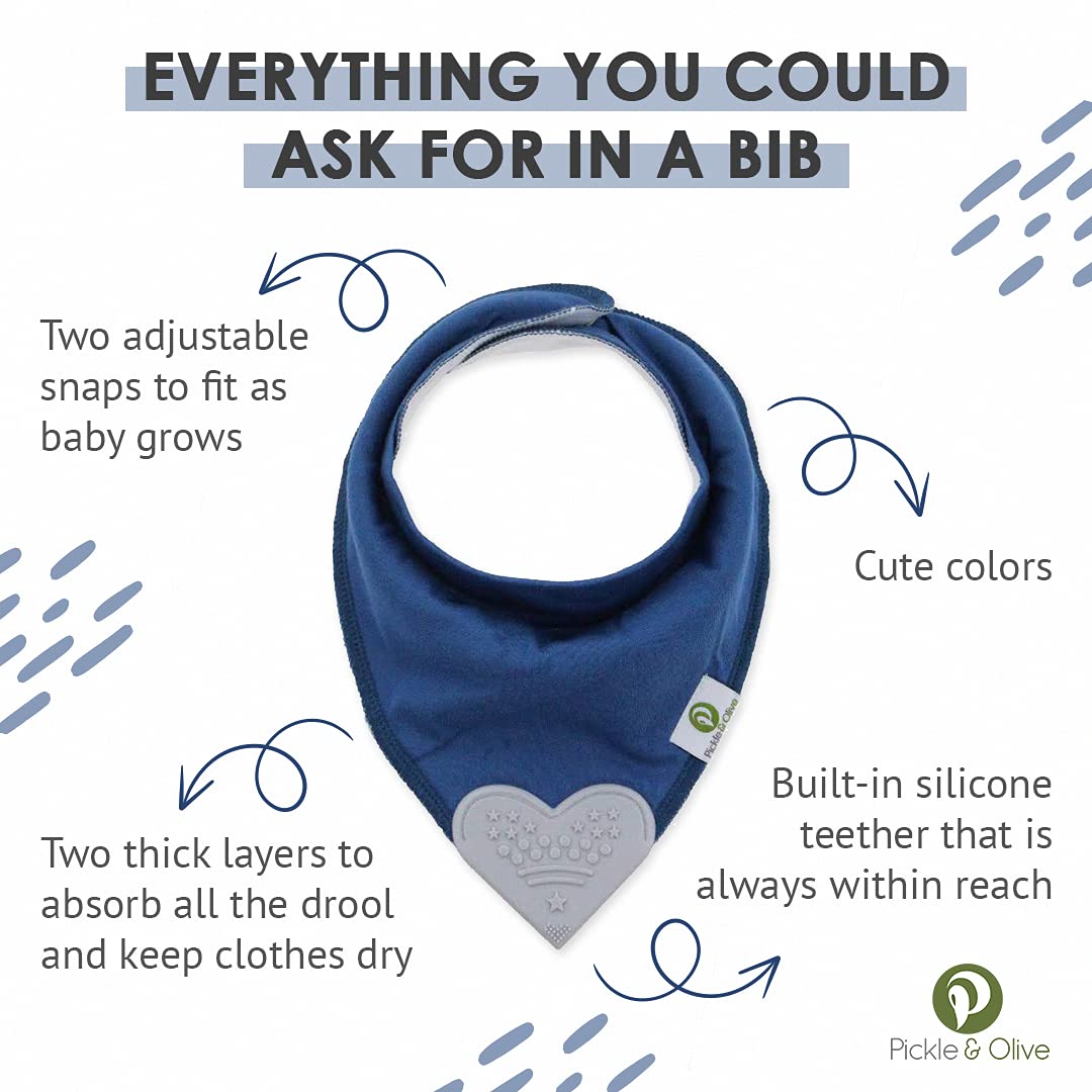 Pickle & Olive Baby Bandana Teething Bibs with Attached Silicone Teether - Set Of 4 -Solid Blues