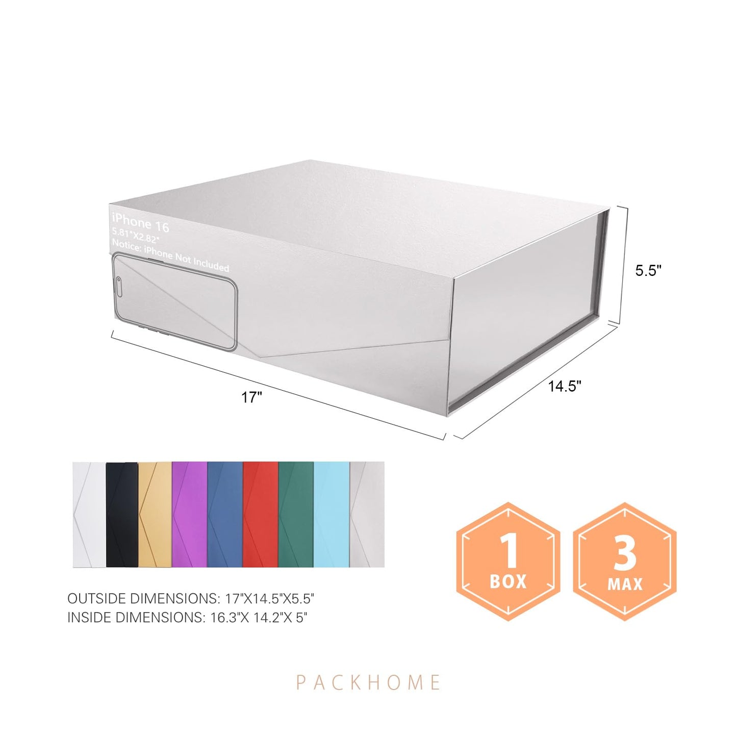 PACKHOME 17x14.5x5.5 Inches, Extra Large Gift Box with Lid, Magnetic Closure Box for Clothes and Large Gifts (Glossy Silver with Grass Texture)