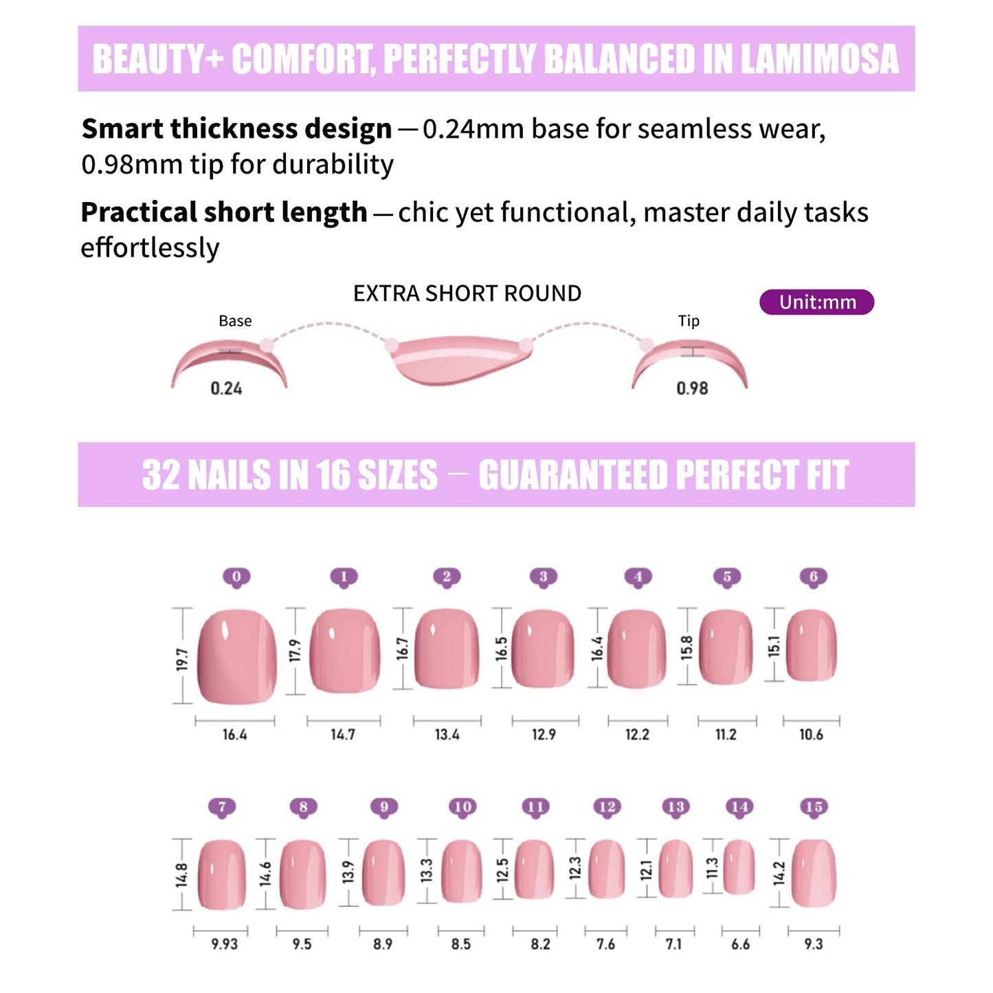 LAMIMOSA 32Pcs Press On Nails Extra Short Round – Solid Pastel Pink Fake Nails with Glue, Soft Gel Nails in 16 Sizes, Reusable Glue on Nails Kit, Baby Pink Spring Summer Extra Small Nails, ROSETTA
