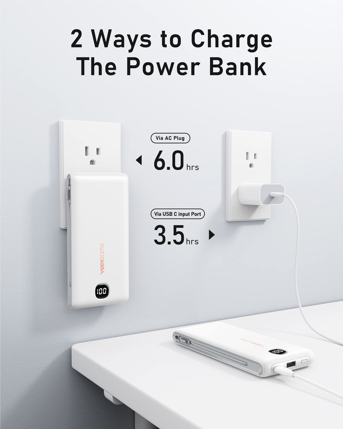 VEEKTOMX Portable Charger with Built in Cables 10000mAh, Power Bank for iPhone with AC Wall Plug, Fast Charging USB C Slim Battery Pack with LED Display Compatible with iPhone 17/16/15/14, Samsung