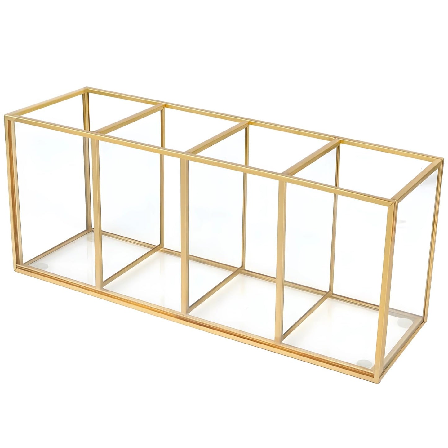 Toyosport Gold Pencil Holder, Gold Makeup Brush Holder, 4-Compartment Desktop Organizer, Transparent Glass Holder, Ideal for Makeup, Office, School Items Storage