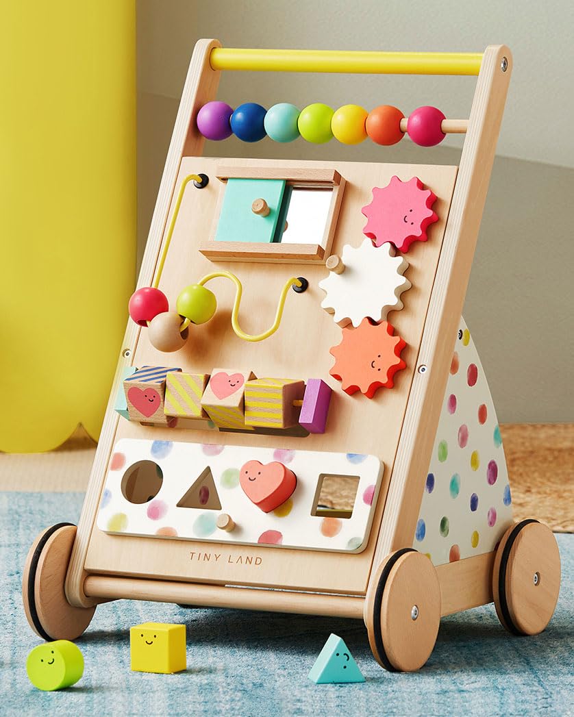 Tiny Land Wooden Baby Walker with Adjustable Speed, Montessori Activity Push Walker Toy for Toddlers, Colorful Learning Walker for Boys & Girls (Rainbow)