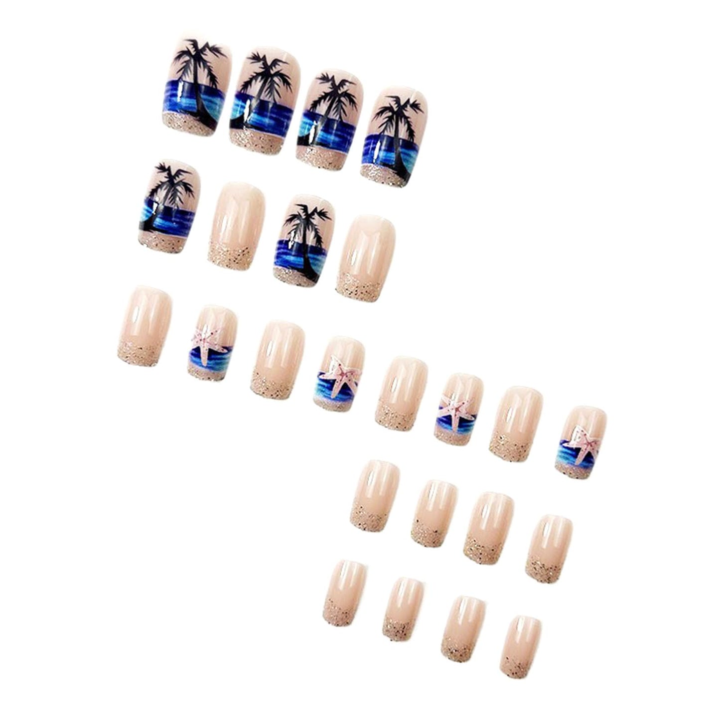 Summer Press on Nails Medium Square Fake Nails with Black Coconut Trees Stars Golden Glitter Designs Glossy Nails Press ons Nude Glue on Nails Acrylic Artificial Stick on Nails for Women 24Pcs