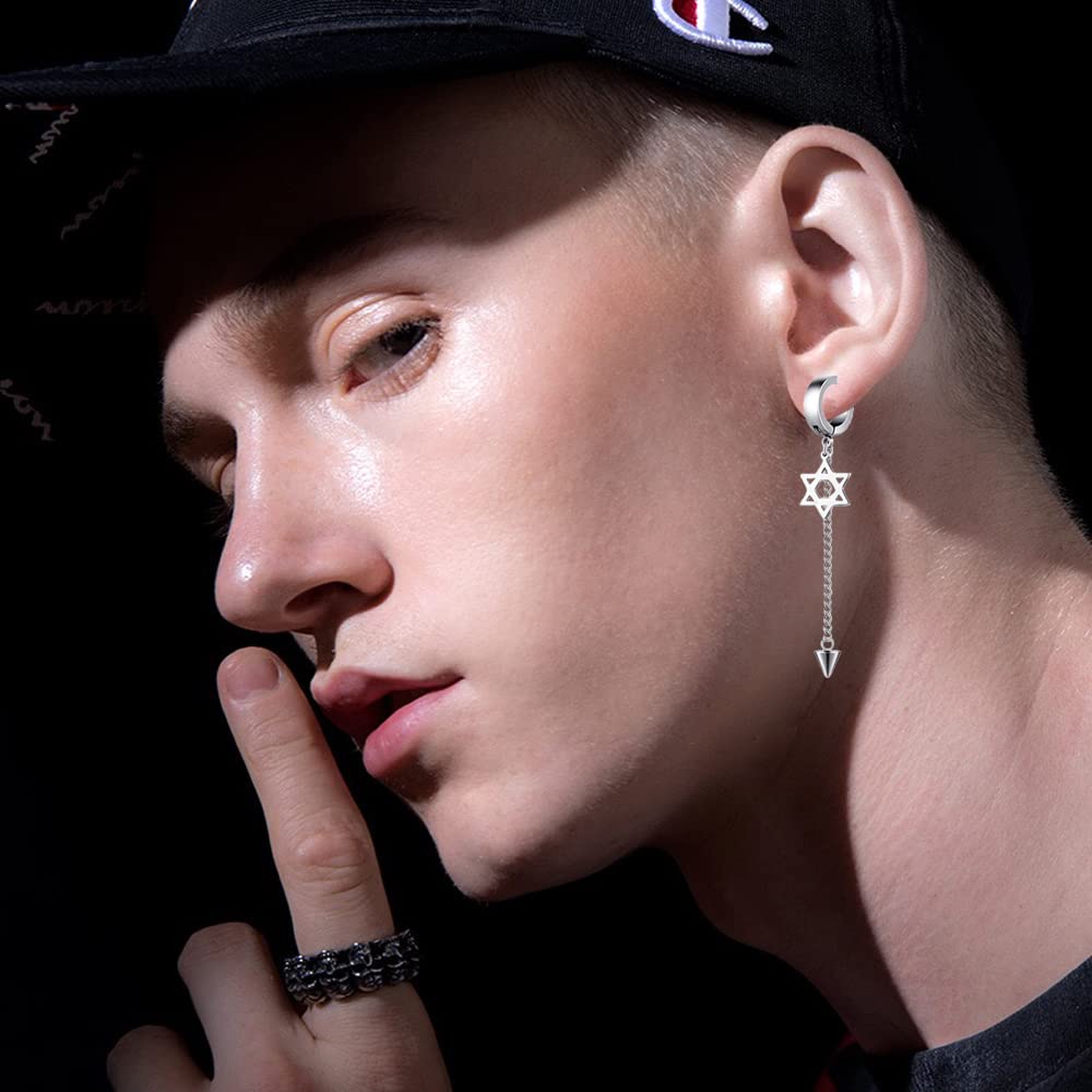 5 Pairs Silver Stainless Steel Non-Piercing Spike Rivet Star of David Dangle Tassel Clip on Hoop Earrings Set for Women Men, Non Pierced Fake Ear Clip Stud Earrings
