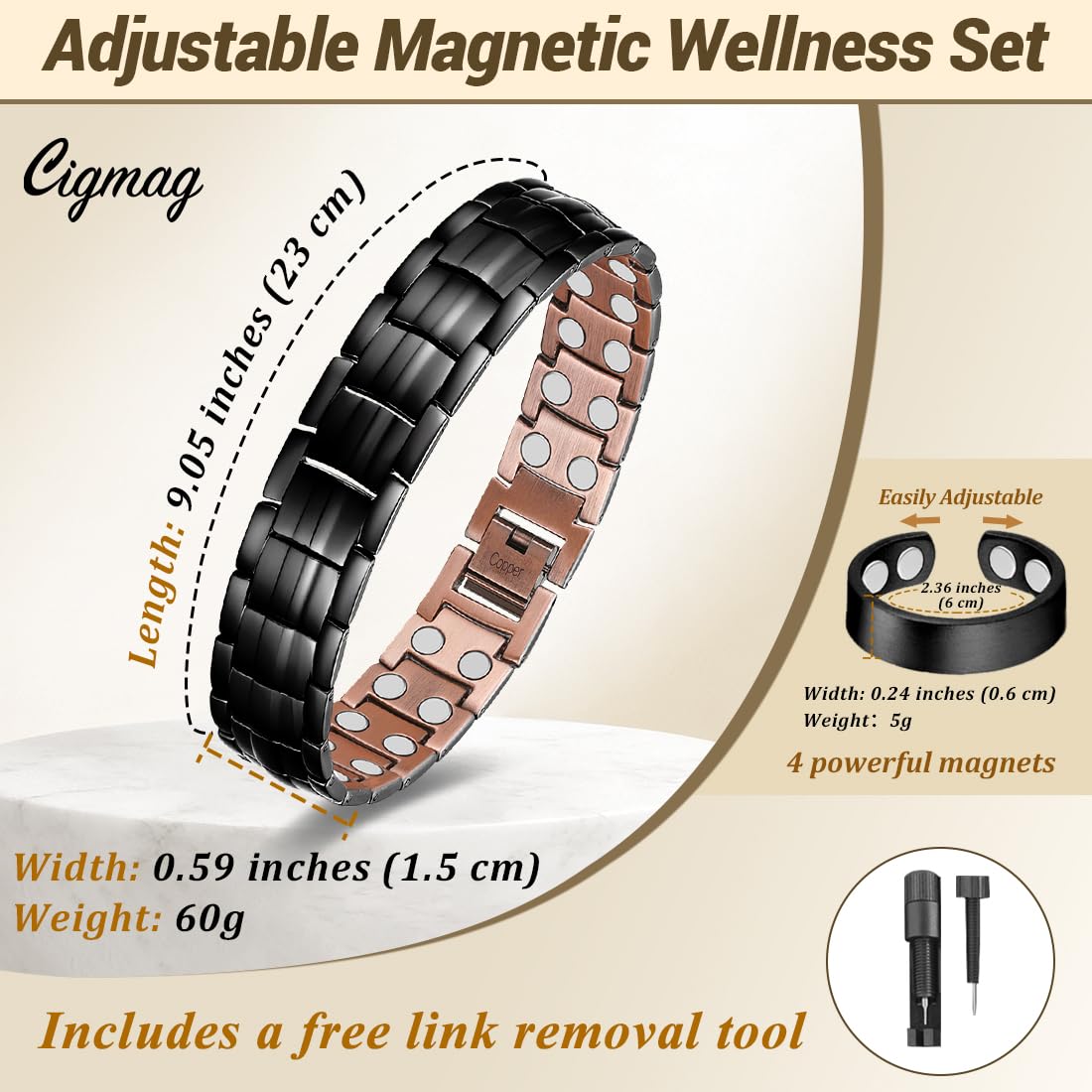 Cigmag Copper Bracelet for Men, Pure Copper Magnetic Bracelet & Ring Set with Strength 3800 Gauss Magnets, Adjustable with Sizing Tool (Double Row Black)
