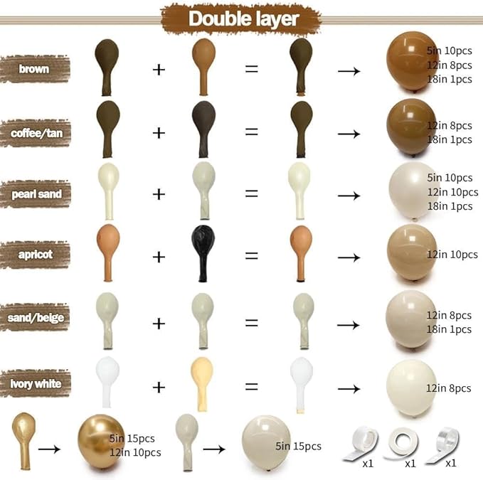 Brown Balloon Garland Kit, Double Stuffed – Coffee, Tan, Apricot, Pearl Sand, Ivory, Beige & Gold Latex Balloons for Boho Baby Shower, Bear & Safari Party