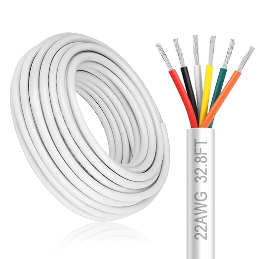 22 Gauge 6 Conductor Electrical Wire, 32.8FT White Stranded Low Voltage 22/6 Cable PVC Case, 32.8FT 22 AWG Tinned Copper 6 Wire Extension Power Cable for LED Lamp Lighting, Automotive