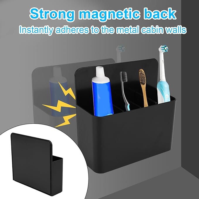Magnetic Toothbrush Holder with Spacers, Plastic Wall-Mounted Bathroom Organizer Portable Cruise Essentials for Alaska & Caribbean Cruise Stateroom (Black)