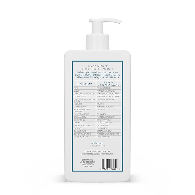 Native Body Lotion Contains Naturally Derived Plant-Based Moisturizers for Women and Men | Restores Dry Skin, Sea Salt & Cedar, 16.5 fl oz
