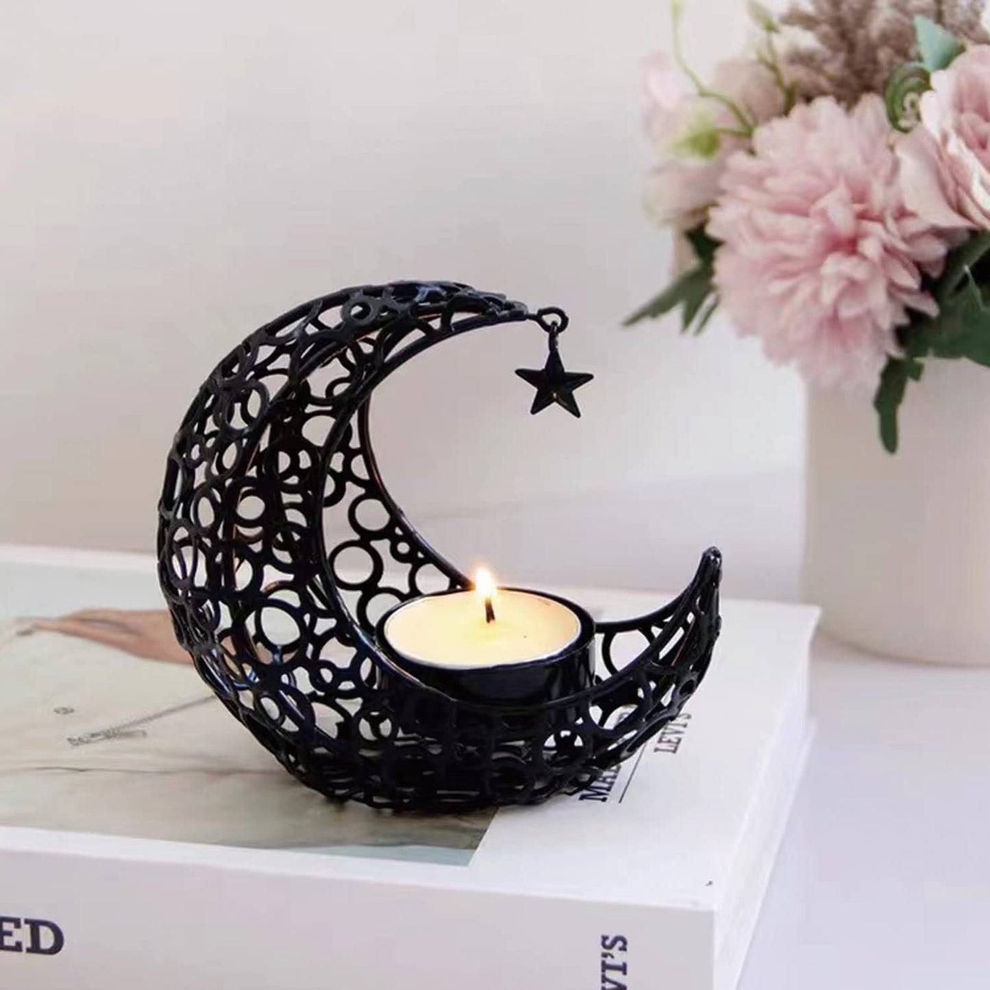 COMZPLIFE Moon Tea Light Candle Holder, Black Metal Decorative Candle Stand for Home Decor, Gift (2Pcs)