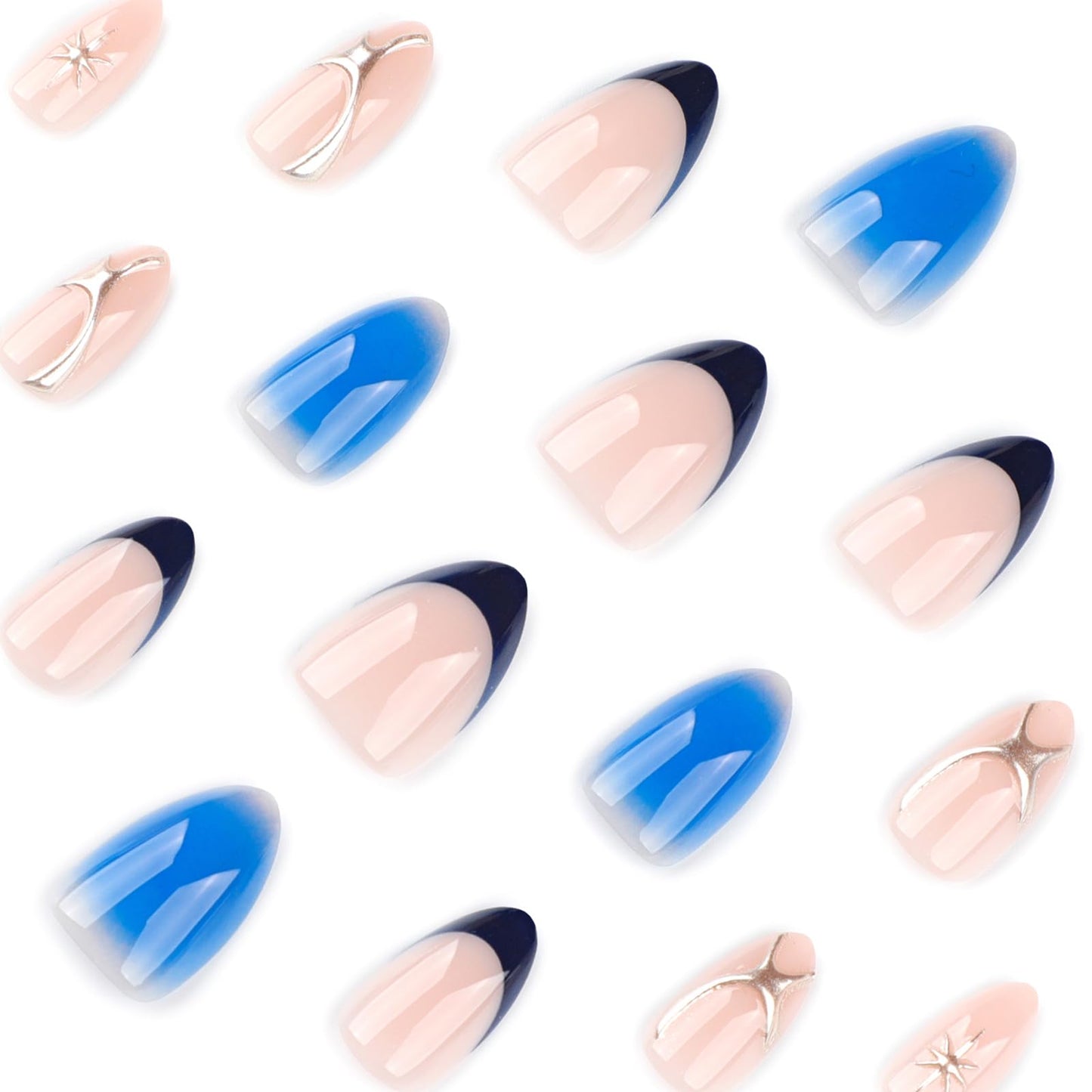 Blue Press On Nails Almond Shape 24pcs, Gradient Ombre False Nail with Star Design, 3D Pattern Medium Length Fake Nails, Glossy Stick On Nail Reusable Acrylic Glue On Nails Kit for Women