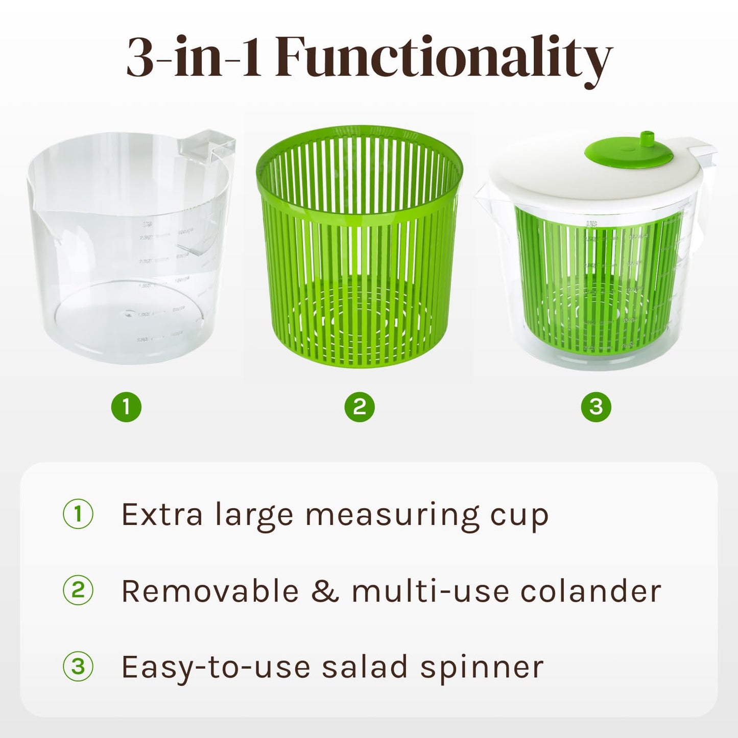 Cooler Kitchen Small Salad Spinner — Mini Lettuce Spinner and Dryer with Measuring Cup Bowl — Compact Veggie & Fruit Washer, Salad Dryer Spinner — Dishwasher Safe, BPA-Free