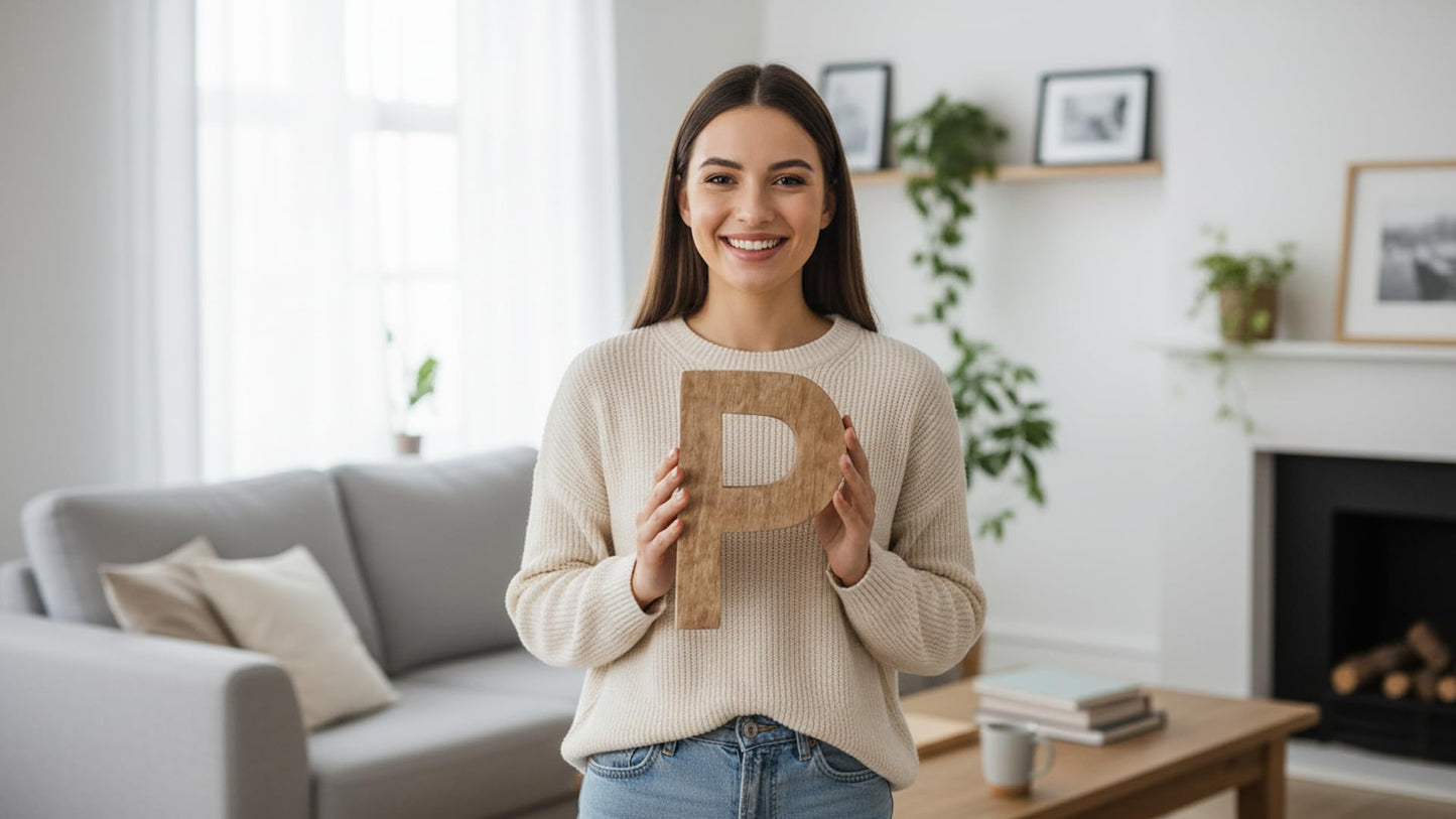 8" Decorative Solid Block Wooden Letters Alphabets Words Natural Finished Wood Freestanding Shelf or Tableware Childrens Baby Names Initials for Bedroom Wedding Birthday Party Home Decor (Letter P)
