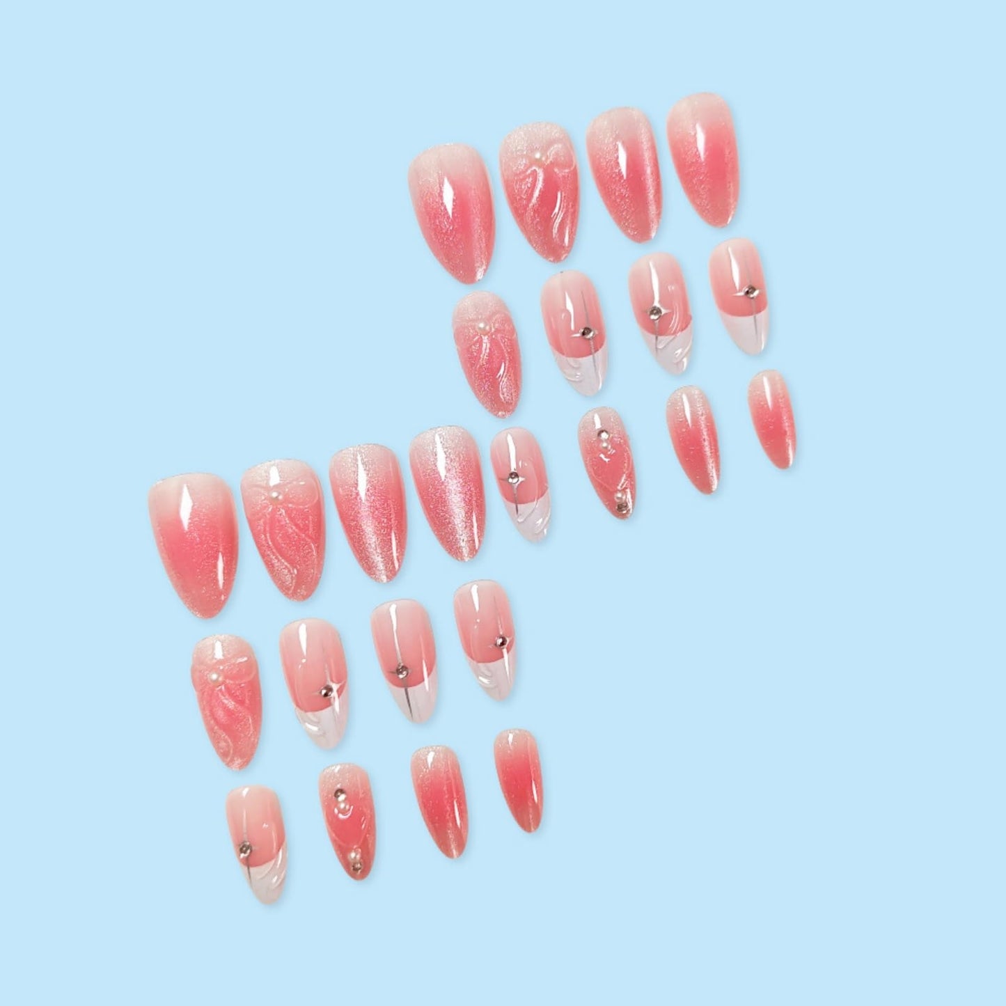 Octoswave Medium Press on Nails Almond Fake Nails French Tip Pearl Artificial Nail 3D Rhinestones Charm Stick on Nail for Women 24pcs