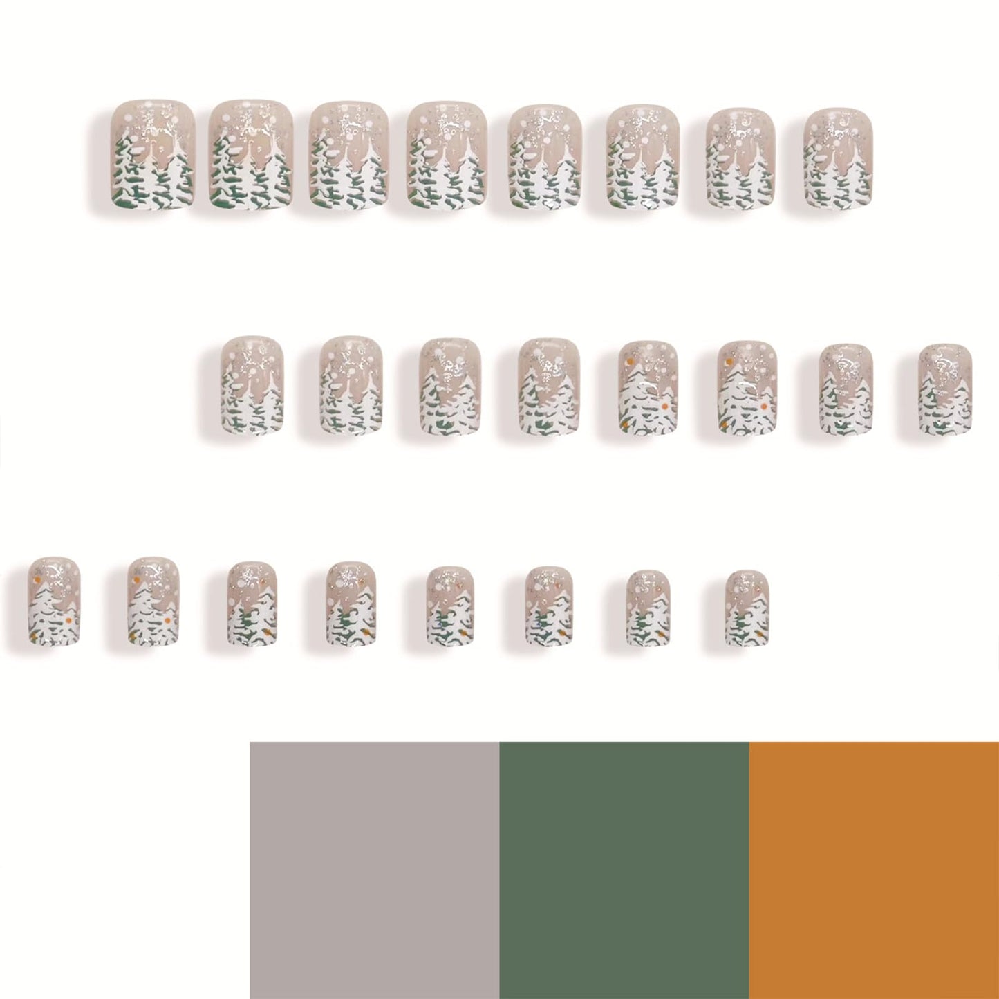 IMRAIN Christmas Press on Nails Short Square Fake Nails Glossy Glue on Nails Full Cover Artificial Christmas Tree Designs Nude Cute Gel False Nails for Women Girls 24Pcs