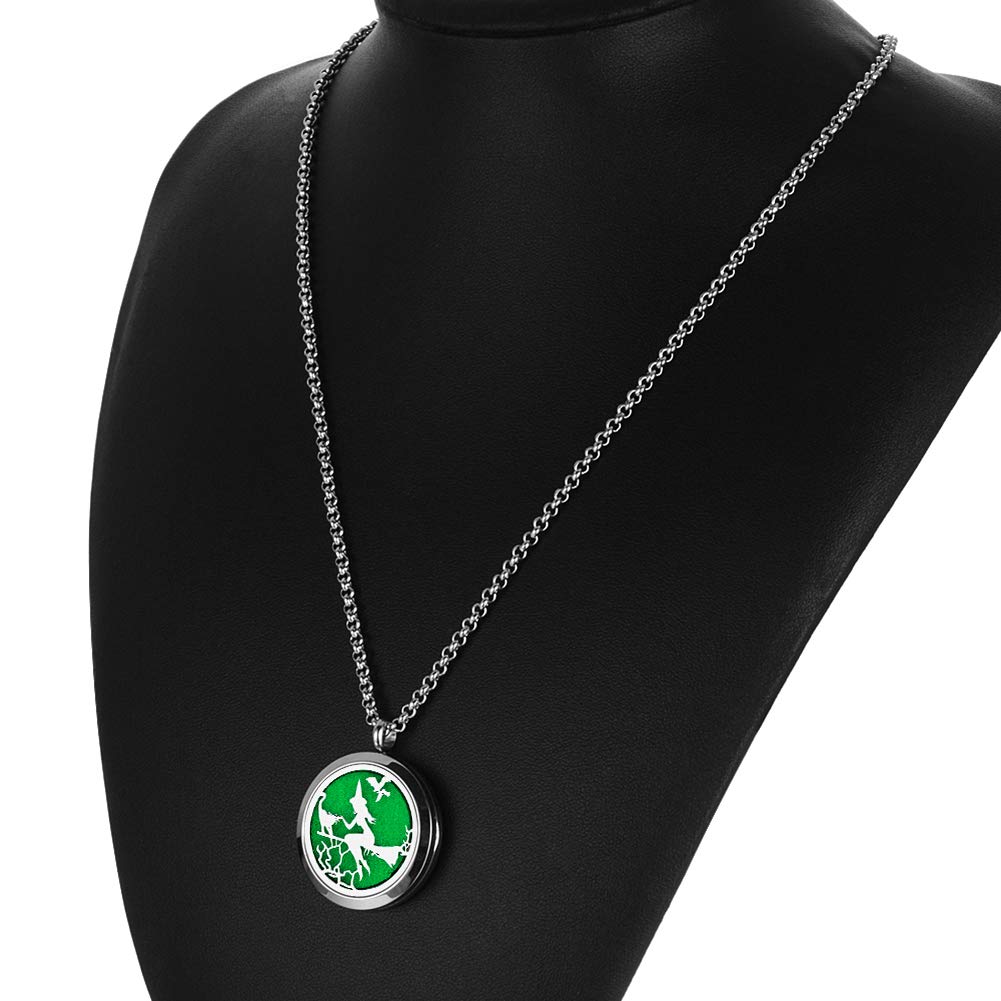 Popeoiuh Essential Oil Diffuser Necklace - Aromatherapy Jewelry Halloween Stainless Steel Magic Witch Locket Pendant with 24 Inches Chain + 8 Washable Refill Pads Birthday