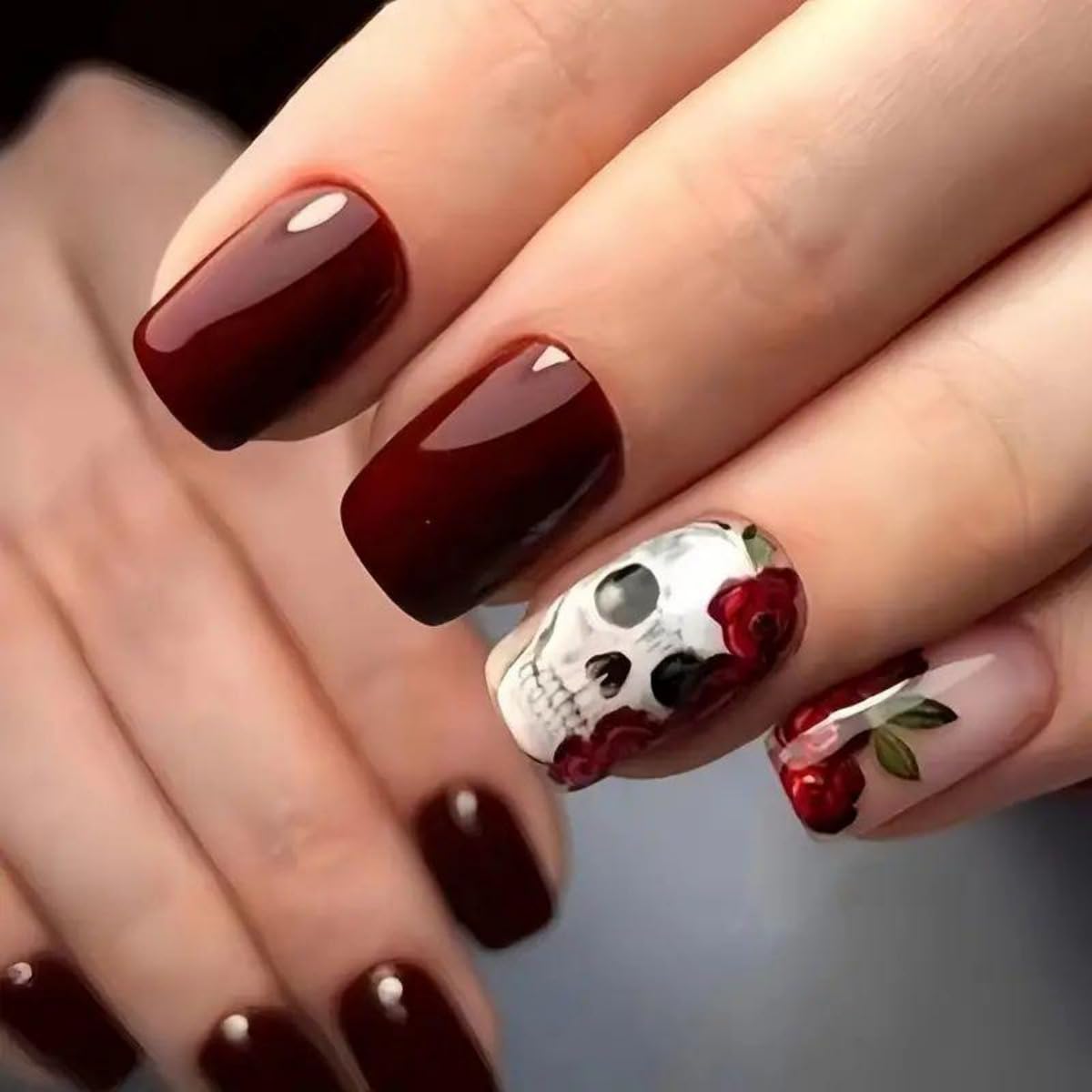 Short Square Press on Nails Halloween Skull Press on Nails Wine Red Flower False Nails Full Cover Glossy Stick on Nails Halloween Reusable Acrylic Nails for Women Girls 24Pcs