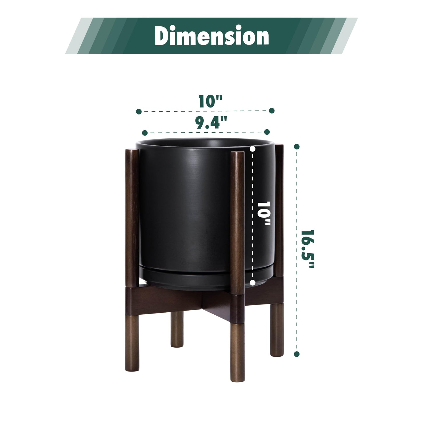 D'vine Dev Ceramic Planter with Walnut Color Stand - 10 Inch Modern Round Flower Pot with Wood Planter Holder, Black, 55-B-X-2