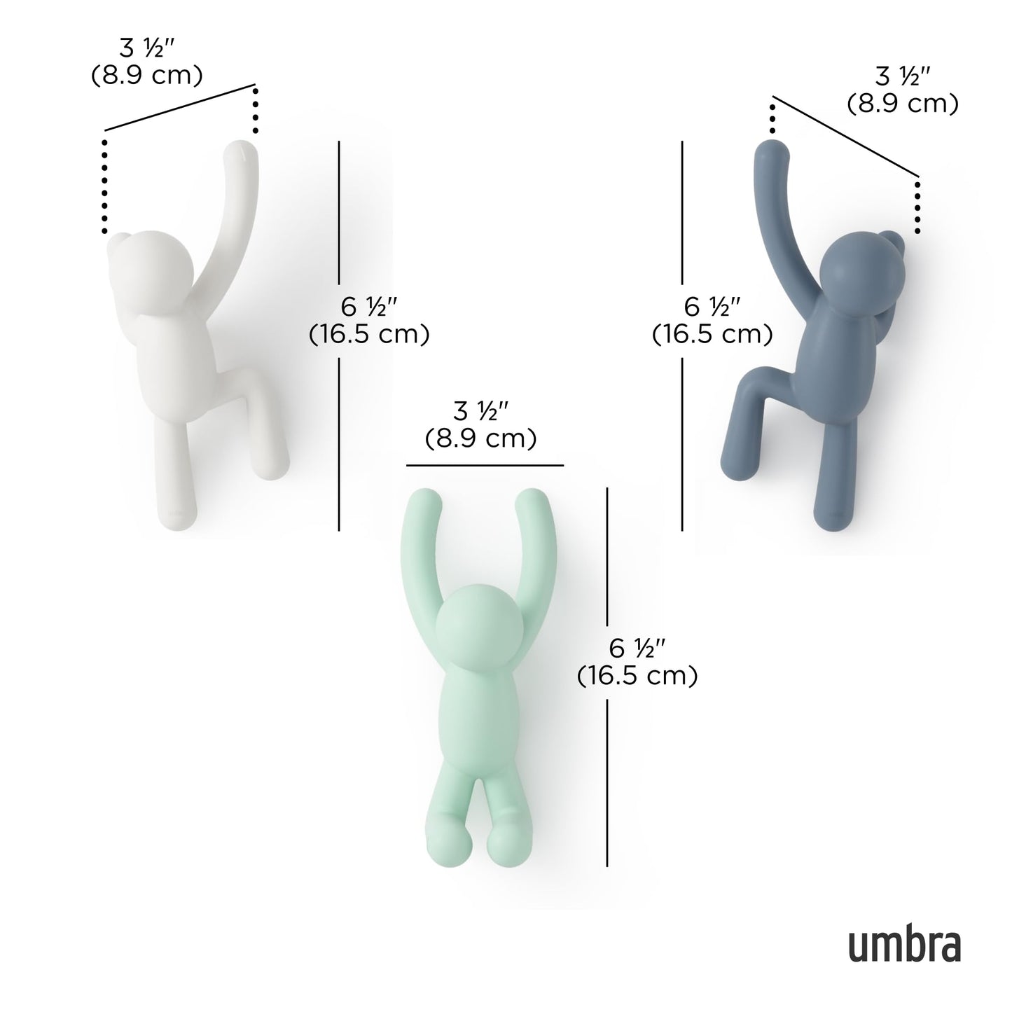 Umbra Buddy Wall Hooks – Decorative Wall Mounted Coat Hooks for Hanging Coats, Scarves, Bags, Purses, Backpacks, Towels and More, Set of 3, White/Grey/Mint