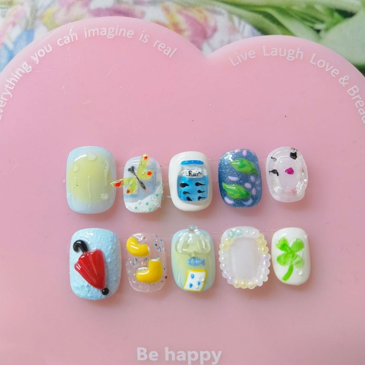 Cute Handmade Press on Nails Extra Short Square 3D Unique Reusable ABS Material Fake Nails Luxury Dragonfly False Nails with Designs Umbrella Shamrock Art Glossy Glue on Nails Thick Acrylic Nails(S)