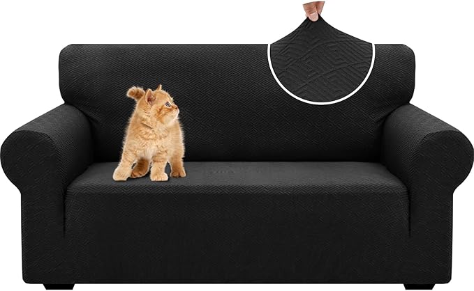 XINEAGE 2026 New 1 Piece Couch Covers for 2 Cushion (55"-69") Stretch Loveseat Sofa Cover Slipcover Jacquard Universal Furniture Protector with Elastic Bottom for Kids,Dog (Loveseat, Black)