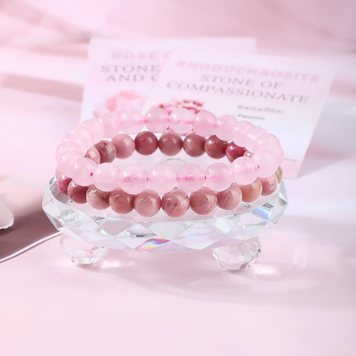 NCB 2-Piece 8mm Natural Crystal Gemstone Stretch Bracelets – ﻿Pink Quartz, Rhodochrosite Handmade Reiki Energy Healing Jewelry for Meditation,Yoga, Unisex