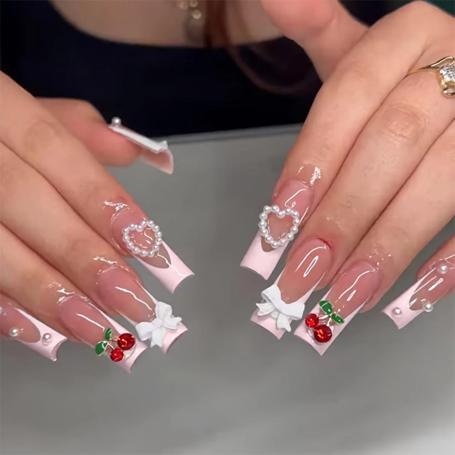 BABALAL Long Square Press on Nails, White French Tip Heart Bow Cherry Charm Acrylic Nails Squoval Glue on Nails 24 Pieces