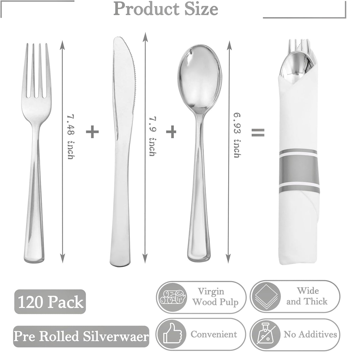 Supernal Pre Rolled Silver Plastic Silverware Set of 30 Wrapped Cutlery,Pre Rolled Napkins with Plastic Silverware Heavy Duty, Silver Disposable Forks and Spoons