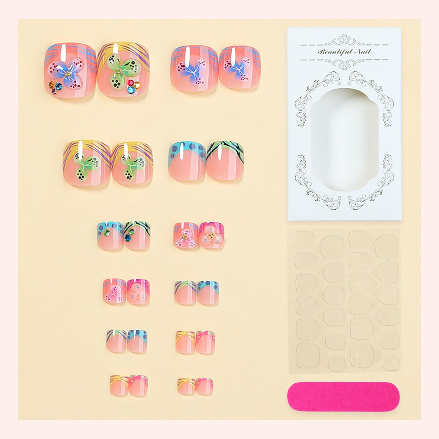 RUOKEXIN Short Press on Toenails French Tip Fake Toenails with 3D Flower Designs Square Toe Nail Press ons Sparkly Artificial Nails for Women 24Pcs