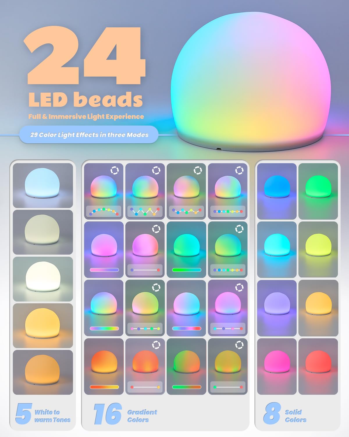Night Light for Kids, Soft Egg Light with 13 Colors Changing Mode, Interactive Tap Light Stress Relief, LED Sensory Light Ball, Adjustable Brightness Globe Lamp Christmas Gifts, Auto-dim in 30 Minutes