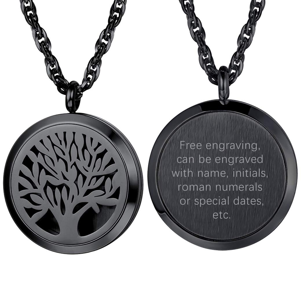 PROSTEEL Personalized Customize Tree of Life Black Necklace Perfume Locket Essential Oil Diffuser Hollow Pendants Men Women Aromatherapy Jewelry Custom Engrave Text Valentine Gift