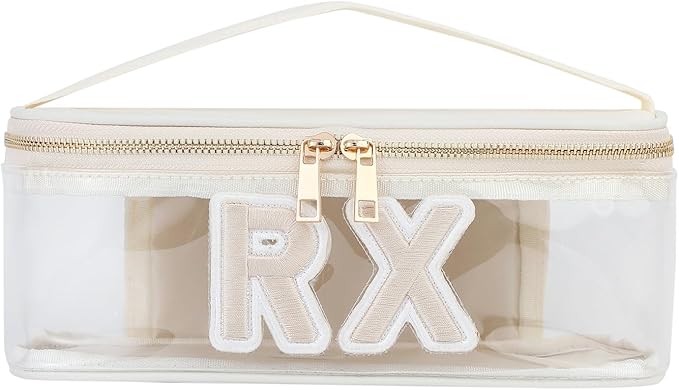 Clear PVC Letter Patch MEDS RX Makeup Bag with Metal Zipper,Large Capacity Nylon Transparent Medicine Bag with Top Handle,First Aid Travel Organizer Cosmetic Bag(03 Beige RX)