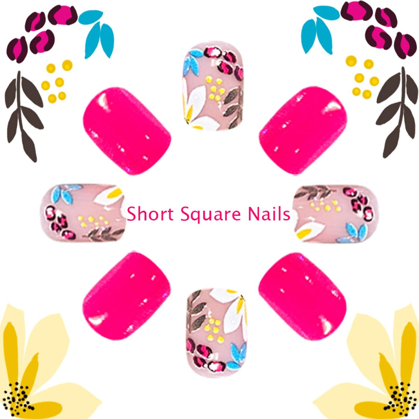 Short Square Press On Nails Pink Fake Nails With Flower Design Summer False Nails Glossy Full Cover Artificial Glossy Acrylic Spring Stick On Nail Reusable Cute Glue On Nail For Women 24pcs