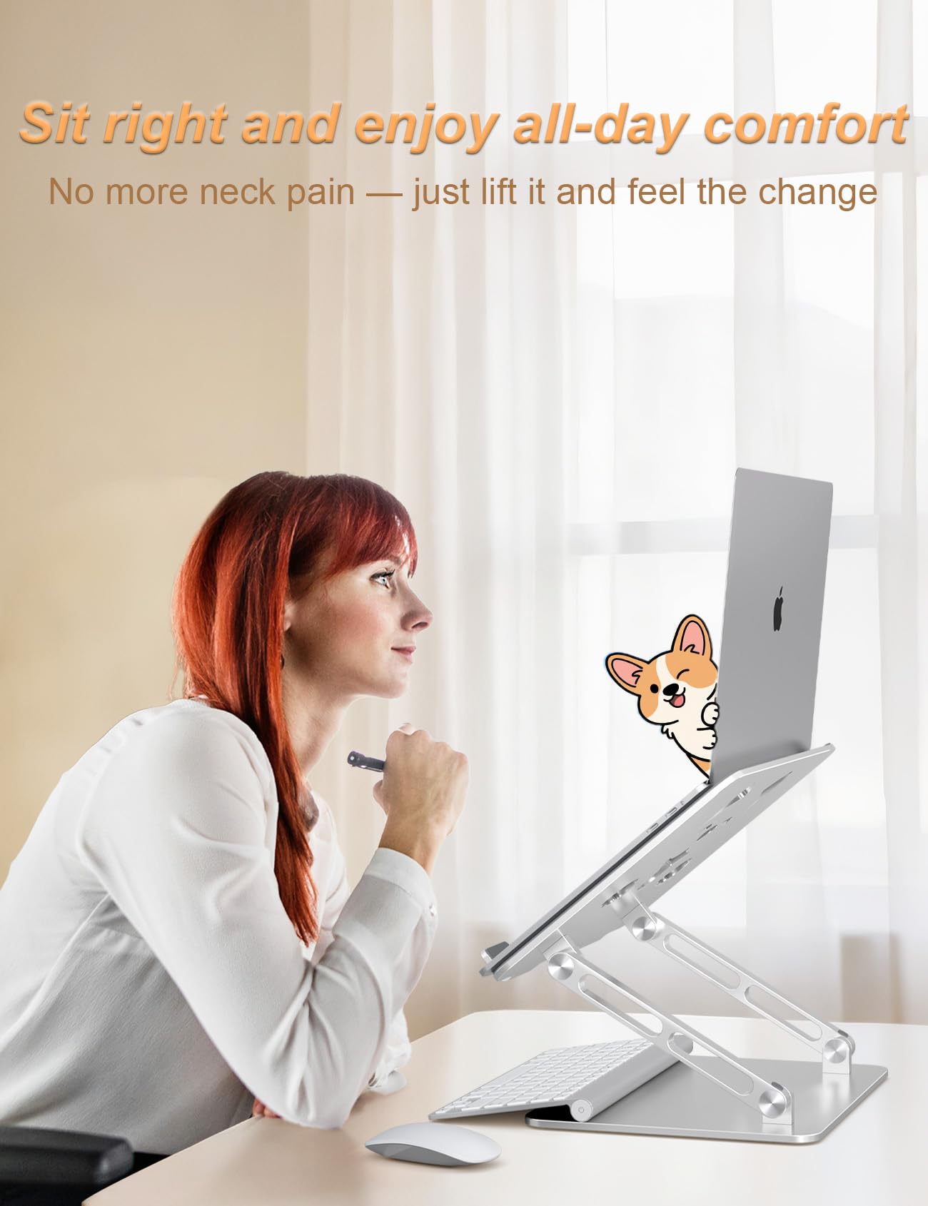 Aoviho Laptop Stand for Desk-Adjustable, Foldable, Portable, Ergonomic Aluminum Notebook Riser with Unique Puppy Cooling Vent, Desk Gift for 10"-17.3" Devices Mac, Dell, HP, Lenovo, Samsung, Silver