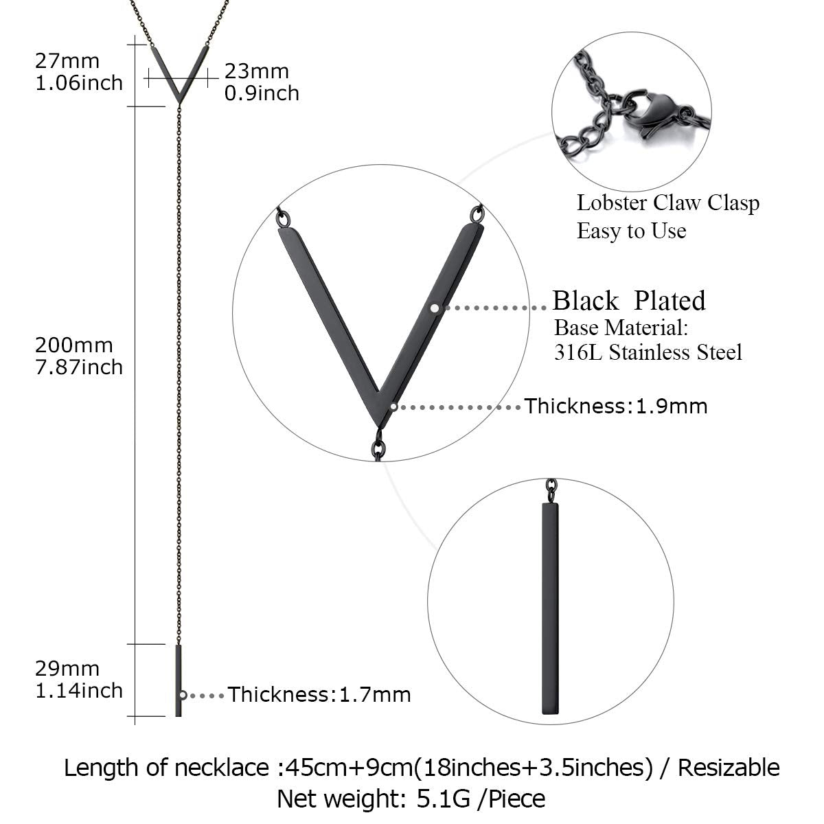 FOCALOOK Bar Pendant Y Lariat Necklaces Hypoallergenic Stainless Steel Dangle Extra Long Single Chain Black Pendant Necklace for Women