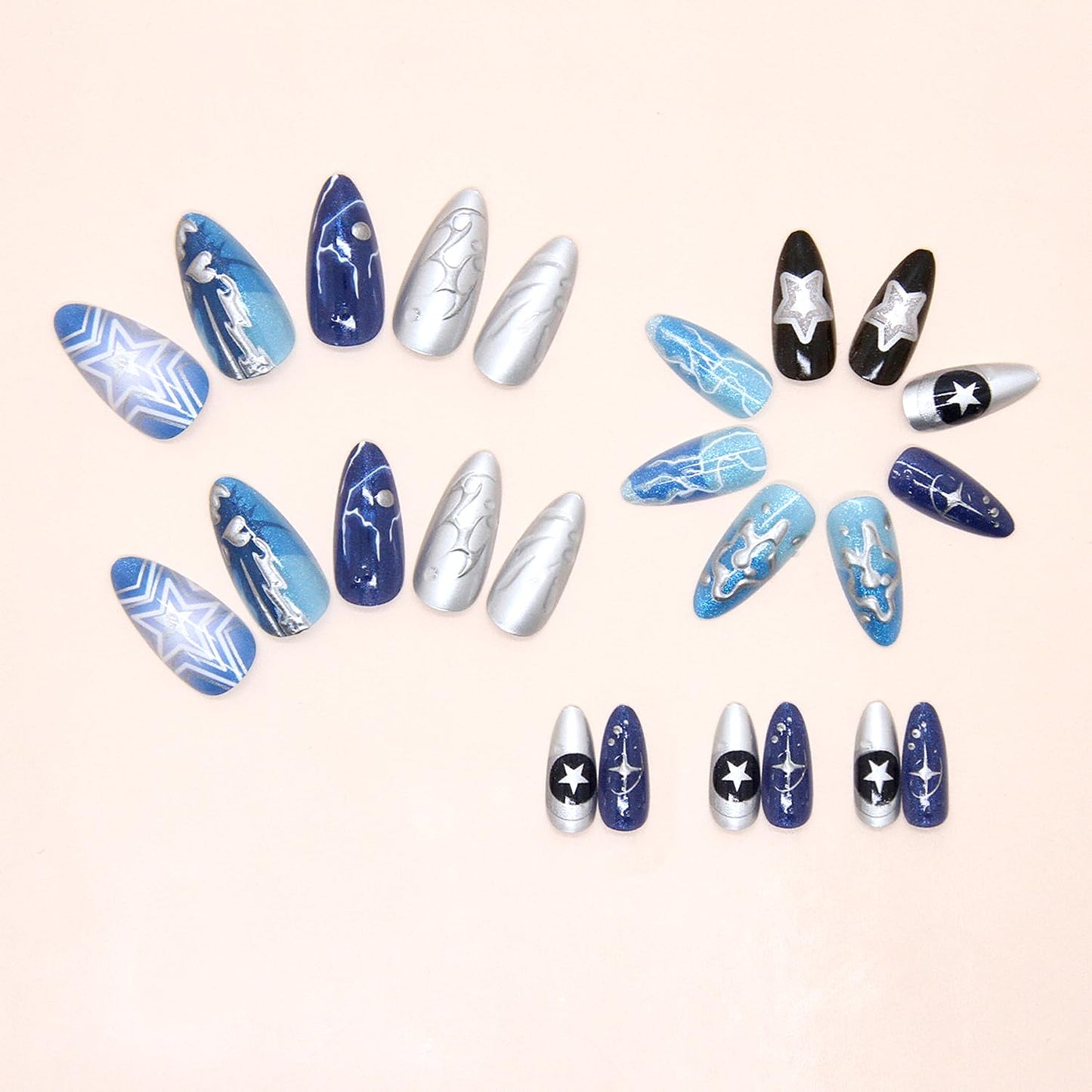24Pcs Dark Blue Press on Nails Medium Almond Fake Nails with 3D Ripple Irregular Silver Line Star Design Glossy French Nails Tip Stick on Nails Full Cover Artificial Glue on on Nails for Women