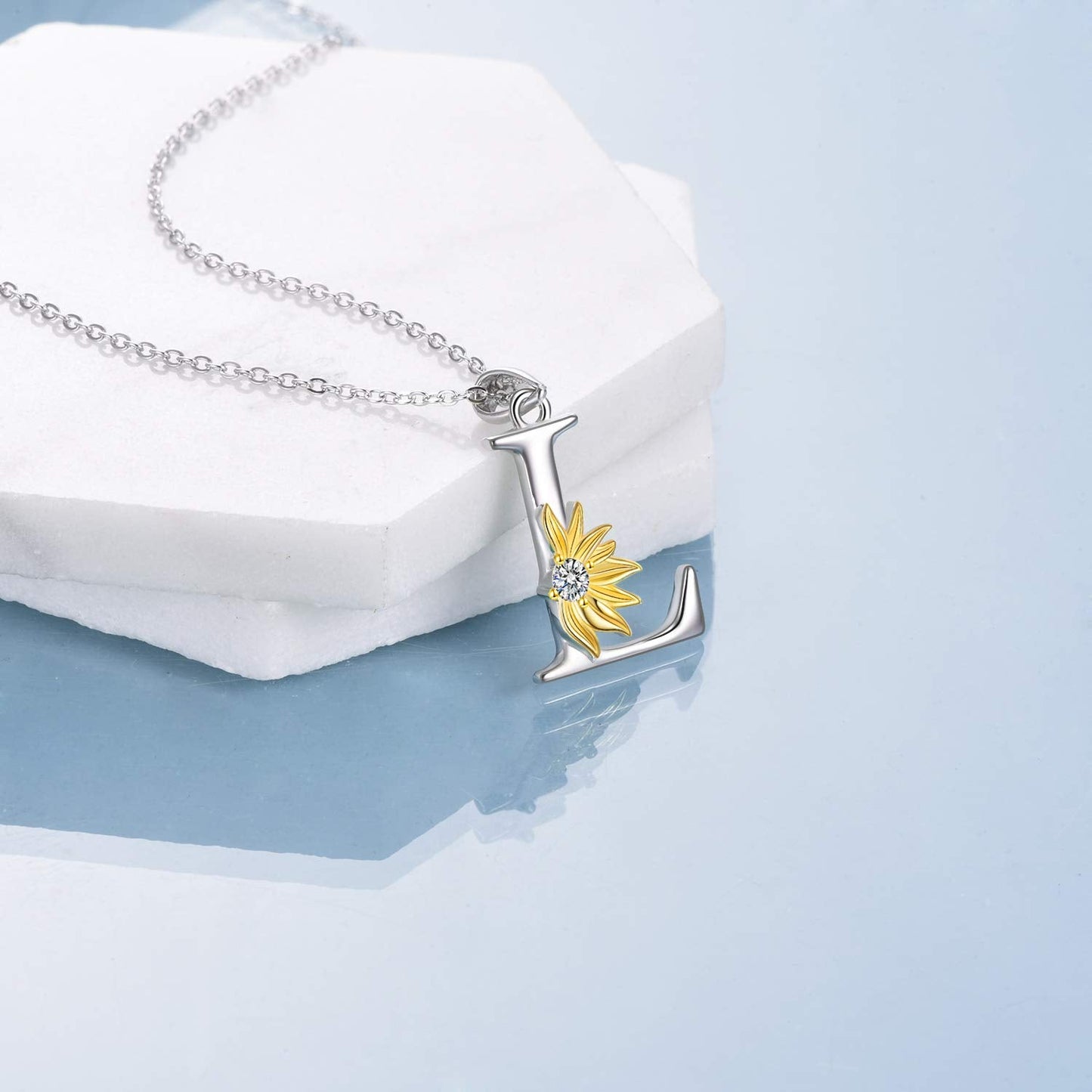 POPLYKE Sterling Silver Initial Alphabet Letter l Script Name Pendant Chain Necklace for Women for (Sunflower L)