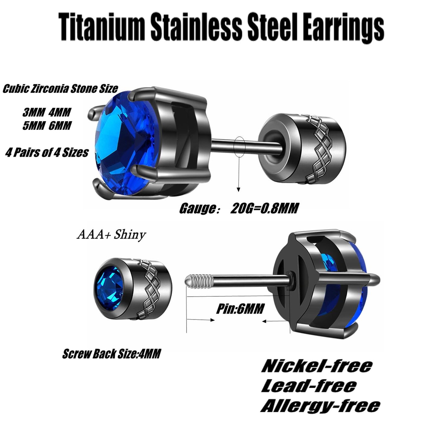 4 Pairs Titanium Hypoallergenic Red Stud Earrings for Sensitive Ears,Black 5A Cubic Zirconia Screw Back Stud Earrings for Women Men Surgical Stainless Steel Double Side Earrings red stud earrings