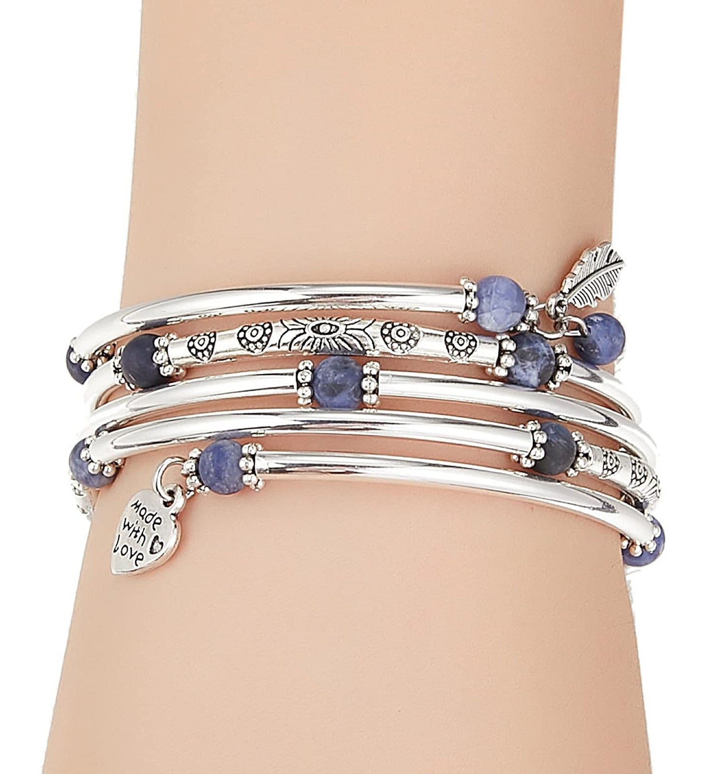 FULU AUTUMN Beaded Bangle Bracelets for Women Silver Wrap Bangles Bracelet Womens Costume Jewelry Fashion Gift(Blue)