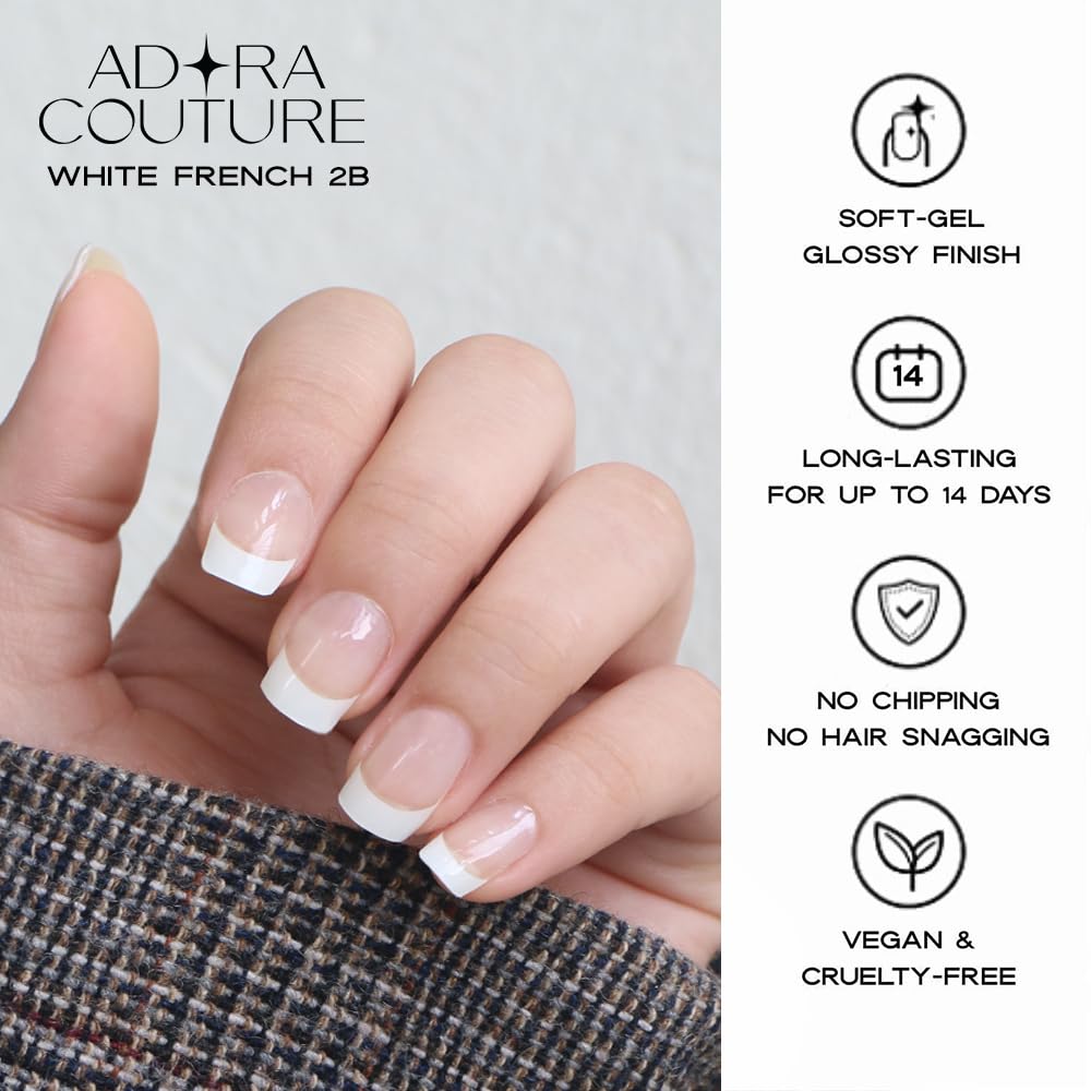 Semi Cured Gel Nail Strips with 30 Pieces–UV Gel Nail Stickers & Nail Wraps, Complete Manicure Kit Includes Prep Pads, Nail File and Wooden Stick, Easy Application, UV Light Required (White French 2B)