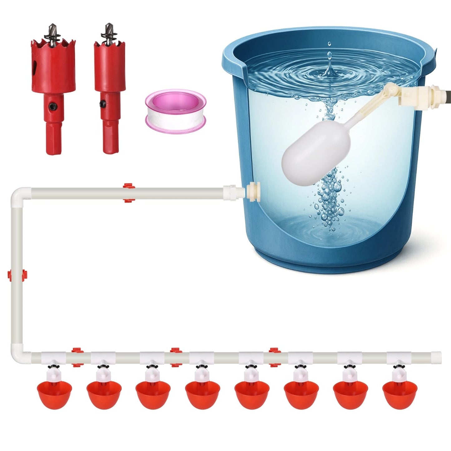 Automatic Chicken Waterer System - Complete PVC Pipelines Set with 8 Deep Drinking Cups, T Connectors, Float Valve, Automatic Pipe Feeder Poultry Watering Kit, Easy DIY Setup
