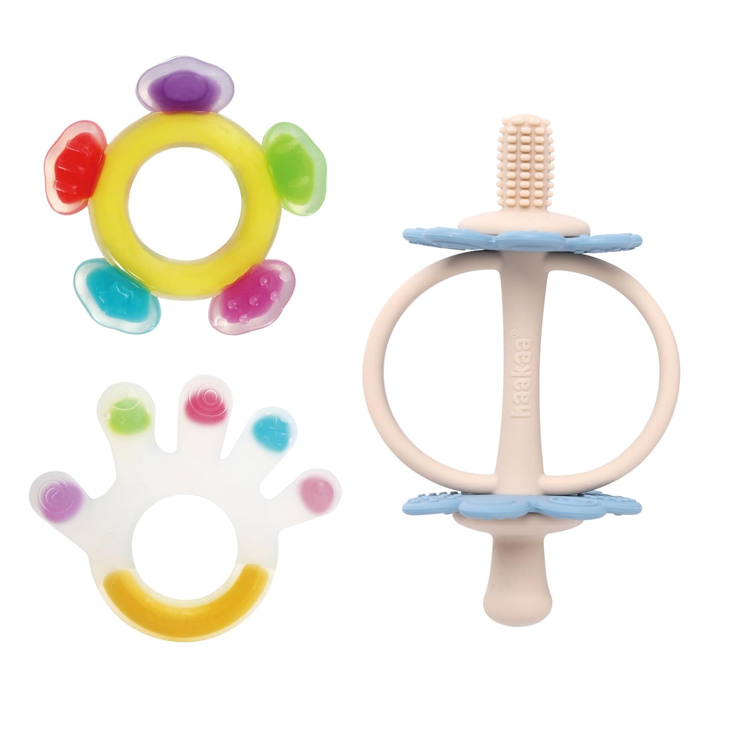 Haakaa Silicone Teether Set-Baby Freezer Teething Toy-Twin Flower Teether,Nipple-Shaped End for Gum Massage,360° Baby Toothbrush Head for Self-Brushing Training