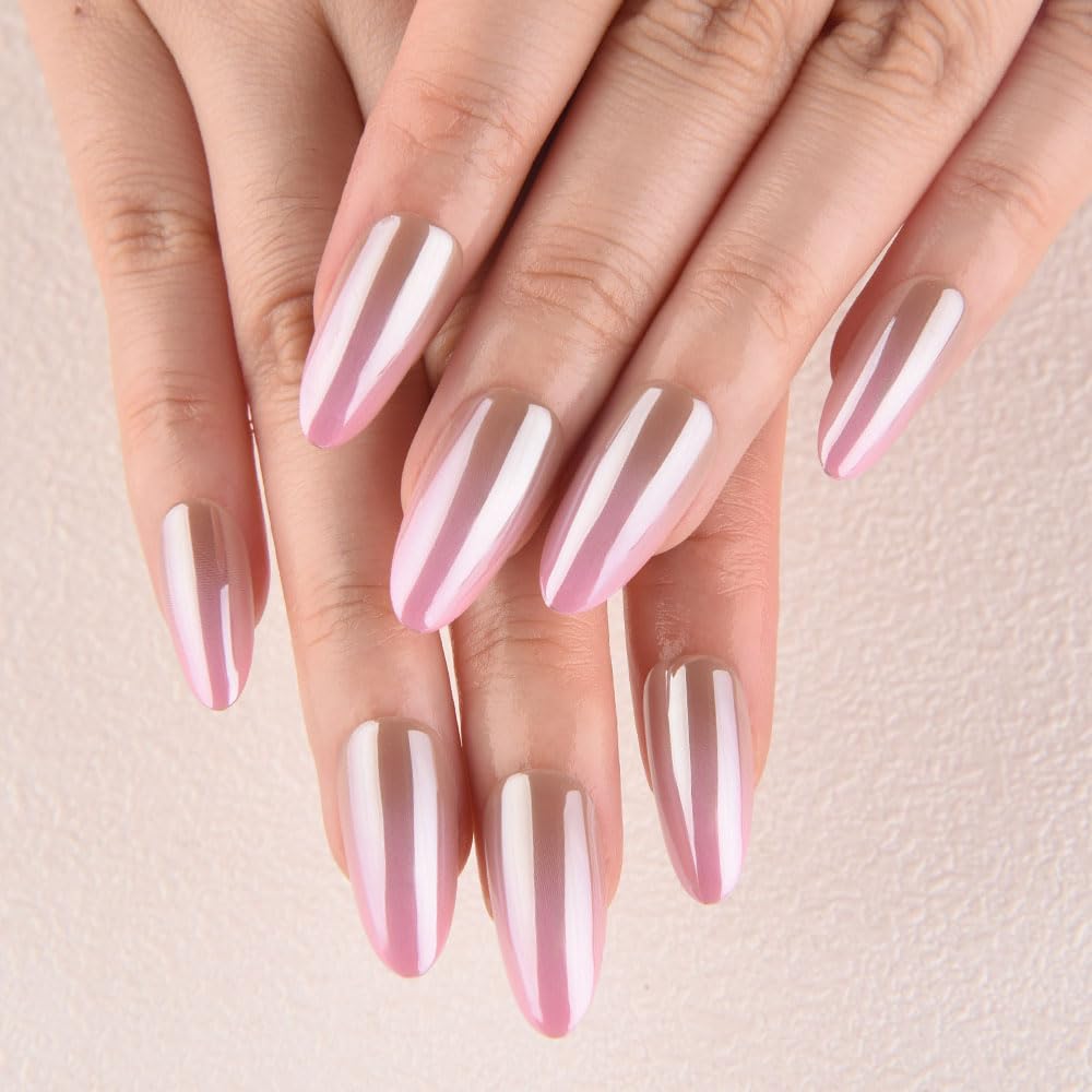 evpct Glazed Press On Nails Almond Medium, Ombre Nude to Pink, Chrome Glazed Glossy Medium Almond Fake False Press on Nails, Soft Gel Stick on nail Press ons with Nail Kit, Reusable Salon Quality