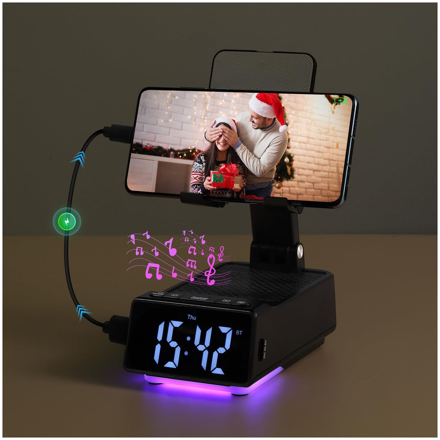 Father's Day Gifts for Dad, Birthday Gifts for Men, 7 in 1 Phone Stand Bluetooth Speaker with Alarm Clock, Wireless Charger, Light, USB Playback & Hands-Free Calling