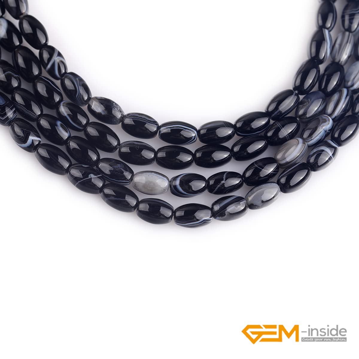 GEM-Inside 6x9mm Natural Black Botswana Onyx Agate Stone Semi Precious Rice Olive Oval Chakras Beads for Jewelry Making DIY Handmade Craft Supplies 15"