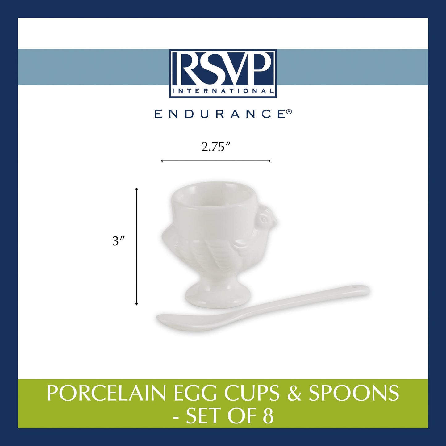 RSVP International Kitchen Accessories Collection Soft Boiled Egg, White Porcelain, Cup & Spoon Set, 8 Piece