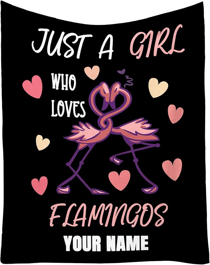 Custom Flamingo Throw Blanket Gifts with Name - 40 x 50 Inches Funny Throws for Kids - Black Fluffy Fuzzy Plush Blankets for Work