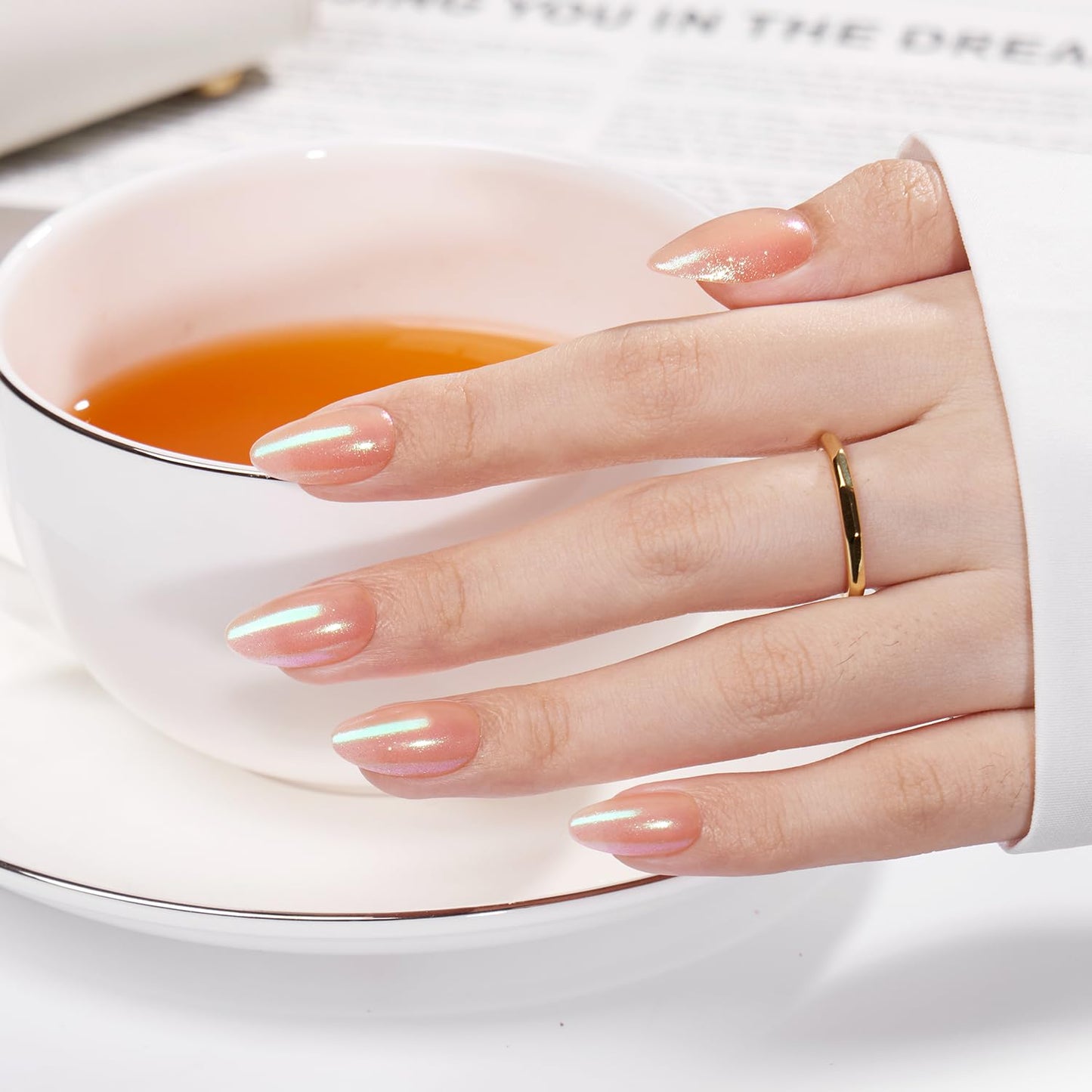 VSALON Press On Nails Short Almond, Nude Pink Pearl Chrome Shimmer Fake Nails With UV Glue, Reusable Stick On Nails Acrylic Neutral Glazed Donut Spring Glue On Nails in 16 Sizes - 32 Nails Kit