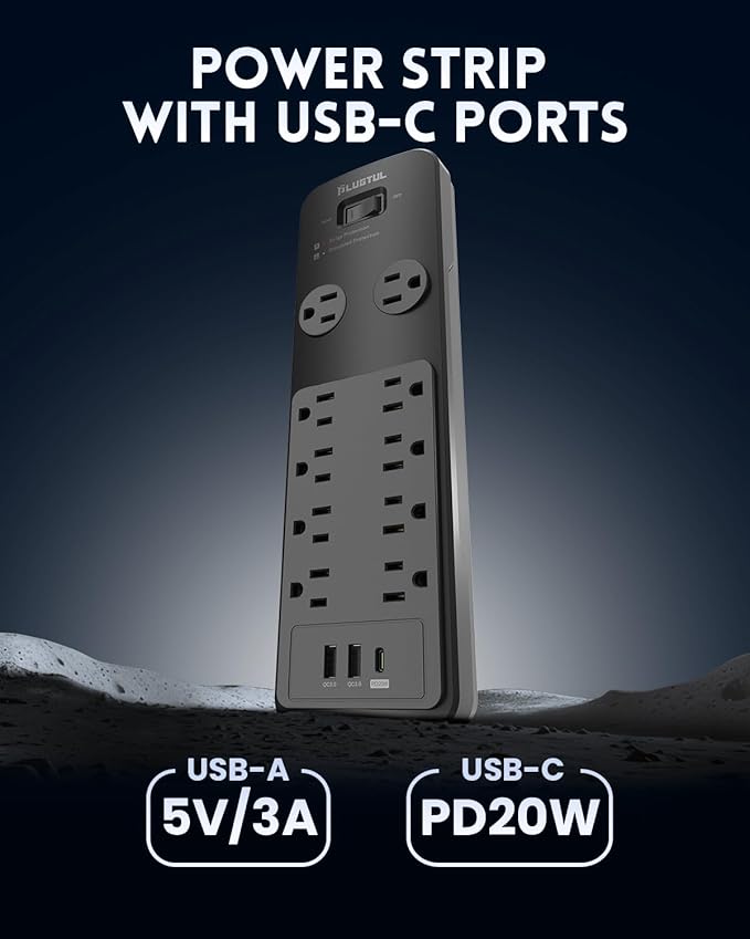 Surge Protector Power Strip 20FT, PLUGTUL Surge Protector with 10 Outlets - Spacious Design for Large Plugs, Flat Plug, 20W USB C Charging for Home, Office, ETL Listed, 2040J