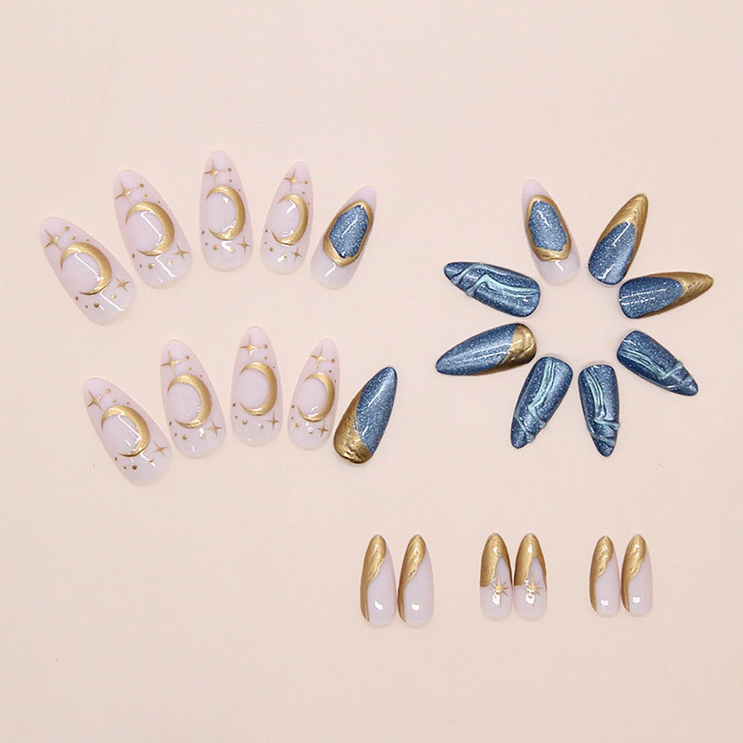 RUOKEXIN Almond Press on Nails Medium Fake Nails Blue Cat Eye False Nails with 3D Gold Designs Spring Summer Nail Press ons Sparkly Artificial Nails for Women 24Pcs